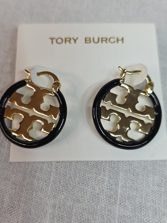 Tory Burch Jewelry - Tory Burch Black and Gold Logo Hoop Earrings